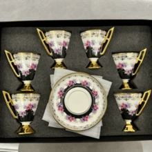 Bộ 6 tách và đĩa cà phê bằng gốm mạ vàng họa tiết hoa văn trang nhã, thích hợp cho bữa sáng của các cặp đôi, tách espresso kiểu Thổ Nhĩ Kỳ/Hy Lạp/Ả Rập, phù hợp cho bữa sáng, phụ nữ, nam giới, người lớn, các cặp đôi hoặc tiệc trà, trà chiều, tại nhà, ngoài vườn, quán cà phê, làm quà tặng bạn bè, quà tốt nghiệp, quà Eid Mubarak. - Nhiều màu - Xem 17