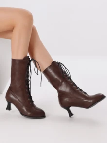 Women's Ankle Boots Lace-Up Pointed Toe Kitten Heels Victorian Boots Women Vintage Y2K Boots Goth Boots Party Dress Cosplay Boots Fashion Shoes For Halloween Christmas - 深棕色 - 查看 4
