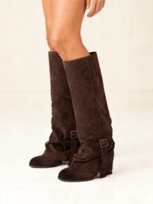 Faux Suede Knee High Boots For Women Round Toe Chunky Heels Fold-Over Adjustable  Buckle Long Boots Side Zipper Women's Party Cowboy Boots  - Màu nâu Sô-cô-la - Xem 4