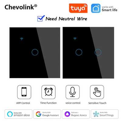 Công tắc thông minh chế độ kép WiFi & Bluetooth - Công tắc cảm ứng gắn tường ChevoLink EU 600W 1/2/3/4 Gang màu trắng/đen, yêu cầu dây trung tính, điện áp AC 100-240V - Tương thích với Alexa thông qua Tuya để tích hợp liền mạch.