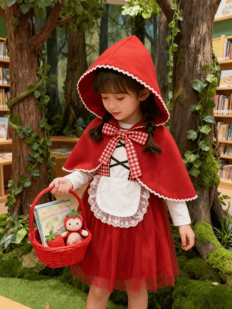 Young Girl Little Red Riding Hood Cloak Dress Set - Red - View 1
