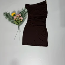 New Solid Color Asymmetric One Shoulder Sexy Bodycon Party Evening Dress - Brown - View 9