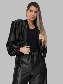 Elegant Plus Size Women's Set: Long-Sleeved Blouse With Zipper And Shoulder Pads; Jogger Pants In Satin And Elastane Fabric With Gathered Pockets And Zipper. Suitable For All Seasons. - 黑色 - 查看 4