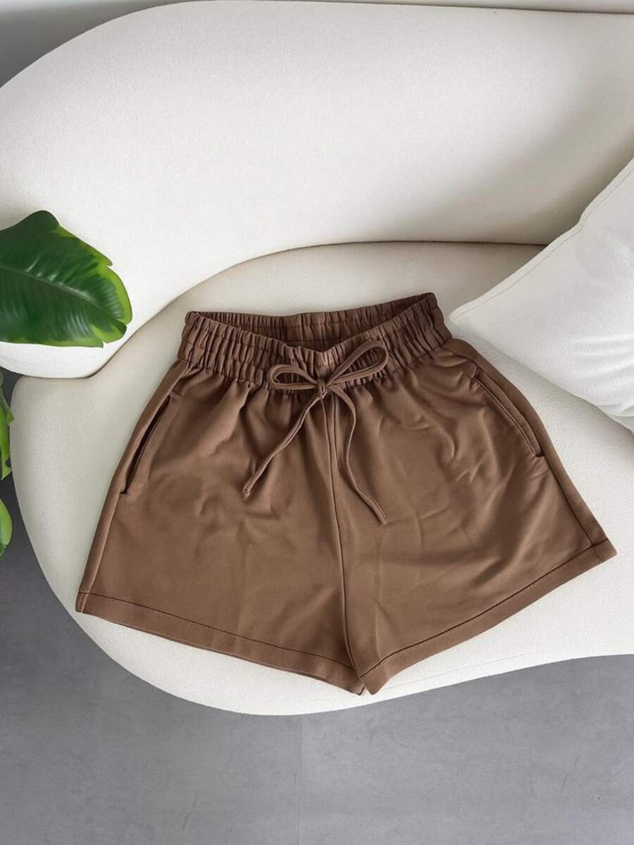 Women's Shorts Plain Sweatpants Side Pocket Elastic Waist - 鏽棕色 - 查看 1