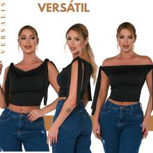 KIT 03 Cropped Feminino 2 Em 1 Amarração Ajustavel e Decote Ombro A Ombro - Preto/Verde/Chocolate - Visão 7