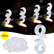 Conjunto de 120 ganchos para decoração de Natal, ideais para pendurar luzes de Natal em ralos, telhados e cordas, além de organizar cabos e outros elementos de iluminação. Em formato de S, feitos de plástico ABS, leves, não autoadesivos, sem necessidade de furar, resistentes aos raios UV e disponíveis nas cores preto e transparente.