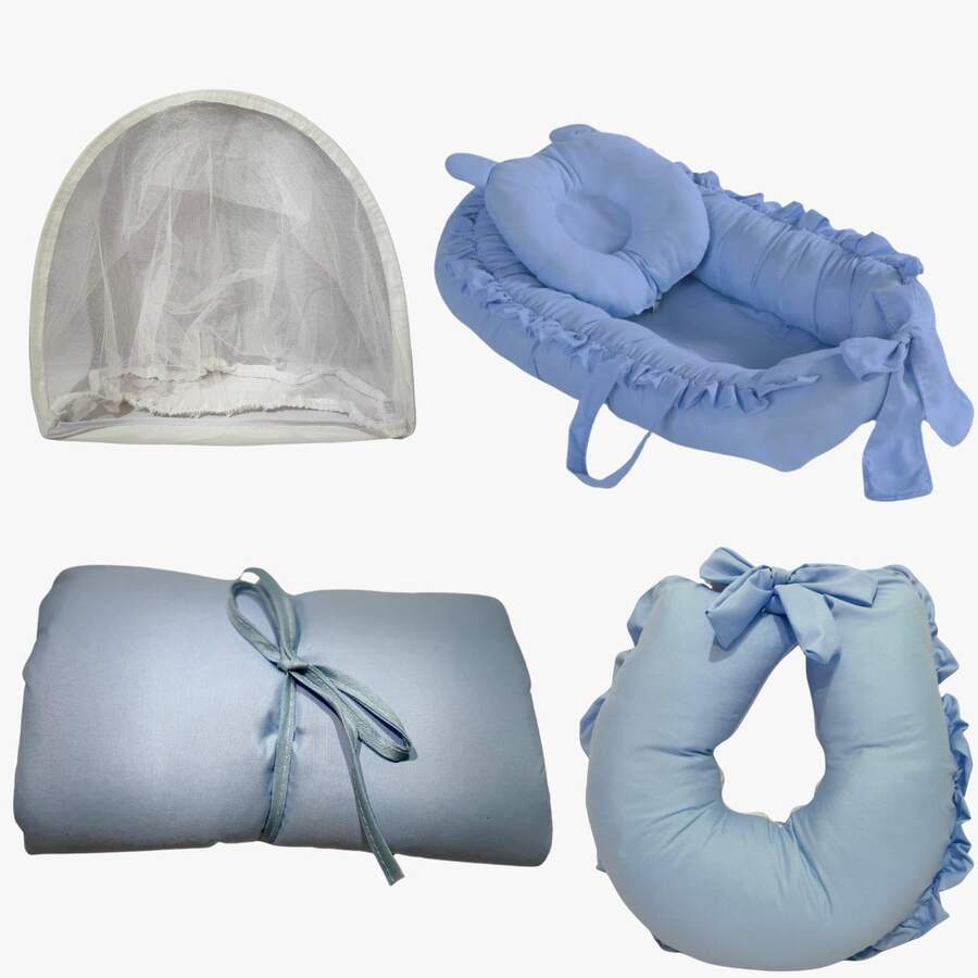 Ninho Redutor Com Almofada de Amamentação + Trocador Portátil + Mosquiteiro Para Ninho Cor Lisa - Azul - Visão 1