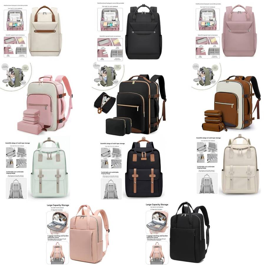 New 4-Piece Multifunctional, Large-Capacity Women's Backpack, Perfect For Business Trips And Travel - 2703 Black Backpack + 14/20-inch Leaf Embossed Trolley Case - View 1