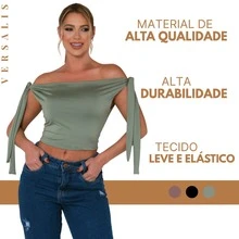 KIT 03 Cropped Feminino 2 Em 1 Amarração Ajustavel e Decote Ombro A Ombro - Preto/Verde/Chocolate - Visão 3