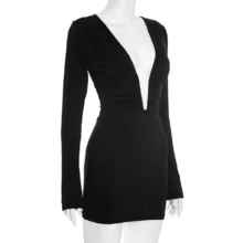 Women Fall Deep V Neck Mini Dress Y2K Long Sleeve Ruched Bodycon Short Dresses Sex Going Out Cocktail Party Dress - 黑色 - 查看 9