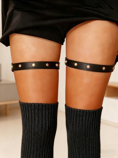 2pcs Women Elastic Waistband PU Leather Thigh Garter Punk Y2K Leg Harness, Daily Wear & Party Accessories