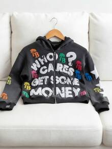 Harajuku Hoodies For Women Letter Foaming Print Hooded Sweatshirt Punk Full Zipper Jacket Y2k Oversized Hoodies Garbage Coat - 黑色 - 查看 2