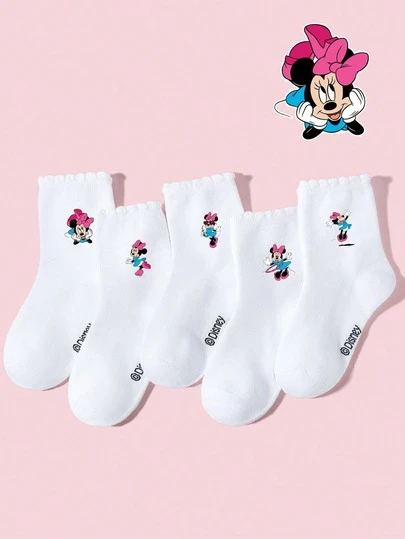 Disney 10/5/1 Pair Girls/Children White Cute Lace Socks/Ankle Socks, Sweet Cartoon Minnie Mouse Pattern, Classic Fashion Soft & Breathable Mid-Calf Socks, Suitable For School, Classroom, New Semester, Back To School, Student, Home, Party