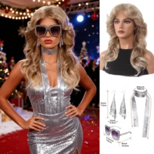 1pc Women's Gold Wig, Suitable For Christmas Party Costume, Paired With Shiny Accessories Including Silver Necklace And Earrings. 70s Disco Wig, Natural Synthetic Full Wig, Retro Party Costume Wig, SRT Wig - Linen Gold - View 11