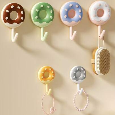 6个甜甜圈挂钩 - 中号 - 无需打孔 - 承重力强 - 壁挂式 - 背面隐形 - 浴室壁挂挂钩 - 多巴胺粘钩