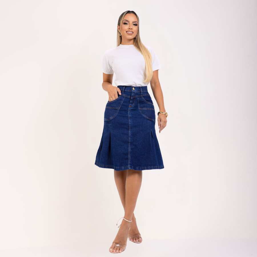 Evangelica Maria Evase Jeans Skirt With Functional Pockets Spandex Lycra Casual - JEANS AZUL - Ver 1