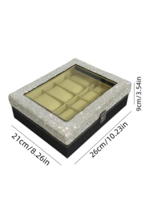 1pc Luxury Sparkling Artificial Rhinestone Watch Storage Box With Lid, Dust-Proof Large Capacity Display Case For Watches, Bracelets, Cosmetics, Men's & Women's Watches, Gift - Silver - View 4