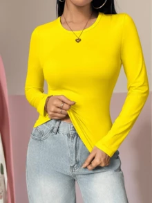 Damen Langarm T-Shirt mit hoher Elastizität und schlanker Passform, rundem Ausschnitt, minimalistischer Stil, geeignet für Frühling, Herbst und Winter, kann für Abendausgang/Urlaub/Alltag/Büro/Zuhause/Straße/Reise/Brunch getragen werden, Lässig/Minimalistisch/Y2K/Elegant/Sexy/Straße/Niedlich/Chic, Herbst/Winter Damenkleidung, Halloween Damenoutfit, Weihnachten Damenoutfit, Lehreroutfit, Oberbekleidung, Date Outfit, Basic Top, Koreanischer Stil - Gelb - Übersicht 5