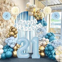 21st Birthday Decorations For Her, Happy 21st Bday Decorations Light Blue White Gold Balloons Happy Birthday Banner Tablecloth Fringe Curtain Cake Topper Men Women 21 Bday Decor Blue - 彩色 - 查看 5
