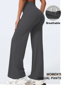 1 件女士高腰直筒宽松裤，修身，提拉，适合运动、瑜伽、休闲装，春夏/秋季 - 深灰色 - 查看 5