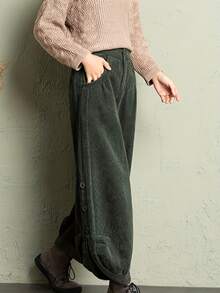 Women's Trousers, Old Money Style, Corduroy Solid Color Cargo Pants, Suitable For Daily Wear, All Seasons, Office Attire Fall - Army Green - View 4