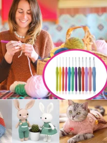 钩针、手柄钩针、U型剪刀，可固定毛线，使针脚均匀，钩织更持久，柔软舒适，方便放入背包、行李箱、手提箱，可用于制作毯子、宠物衣服、帽子、毛巾、手套，送给家人、爱人、朋友、邻居、同学，圣诞节、新年礼物皆宜。 - 彩色 - 查看 3