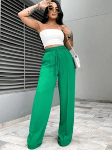 Calça Feminina Pantalona Duna Wide Leg Cintura Elástica e Bolso - Verde - Visão 2