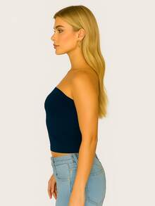 Women's Strapless And Unpadded Basic Tube Cropped Top, Double Layer Of Slim Fit Shaping Spandex - 藏蓝色 - 查看 4