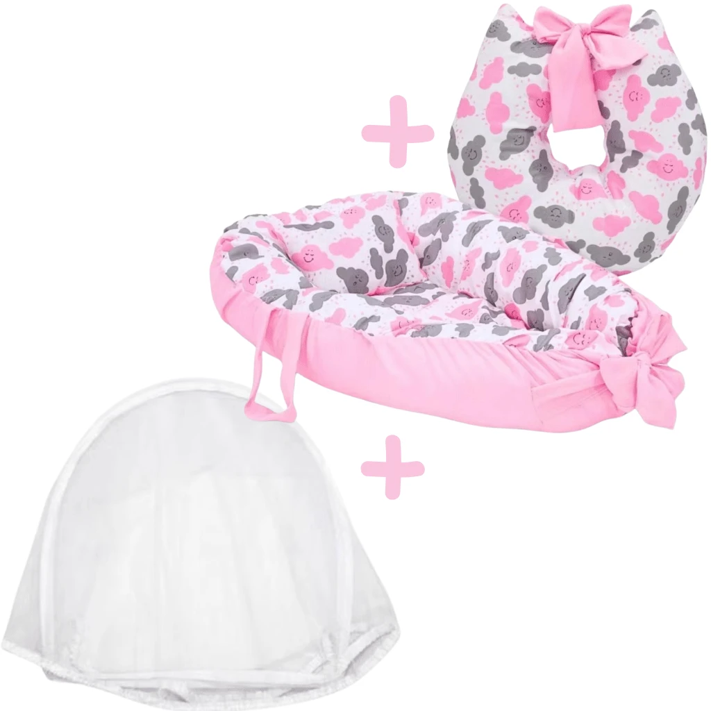 Ninho Redutor com Mosquiteiro e Almofada Amamentação Estampado - Nuvem rosa - Visão 1