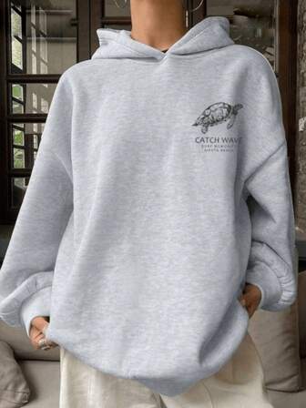 女士秋季休闲宽松卫衣，时尚长袖上衣，街头风返校季印花动物纹连帽衫