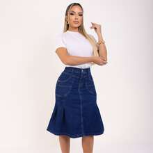 Evangelica Maria Evase Jeans Skirt With Functional Pockets Spandex Lycra Casual - JEANS AZUL - Ver 4