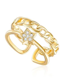 1 pieza Anillo abierto de pentágono con circonita dorado y plateado elegante y de moda para mujer, perfecto para uso diario, estilo callejero y fiestas. - Multicolor - Ver 1