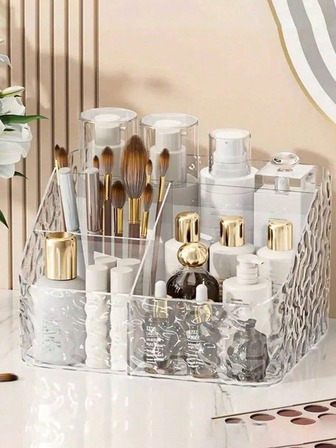 1 pieza Organizador de maquillaje, Estantería de exhibición de belleza, Caja de almacenamiento multifuncional para escritorio, Estantería de almacenamiento en forma de trapecio, Almacenamiento de baño, Almacenamiento de dormitorio, Organización de escritorio, Almacenamiento de tocador, Organizador y almacenamiento, Plástico transparente, Regalo de vacaciones