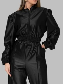 Elegant Plus Size Women's Set: Long-Sleeved Blouse With Zipper And Shoulder Pads; Jogger Pants In Satin And Elastane Fabric With Gathered Pockets And Zipper. Suitable For All Seasons. - 黑色 - 查看 2