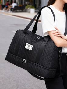 新款大容量旅行包，多功能女士健身包，休闲菱格纹手提包，手提包，单肩包，度假包，孕妇包，带独立鞋仓的随身行李包，出院包，保暖冬季包，男女通用，轻便可折叠行李包 - 黑色 - 查看 4