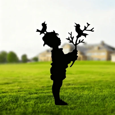 Charming Metal Boy And Bird Silhouette Garden Stakes - Laser Cut Outdoor Lawn And Path Decor, Great For Home And Yard Art