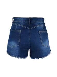 Plus Size Fashionable Street Style Frayed Hem Denim Shorts Summer - Blue - View 4