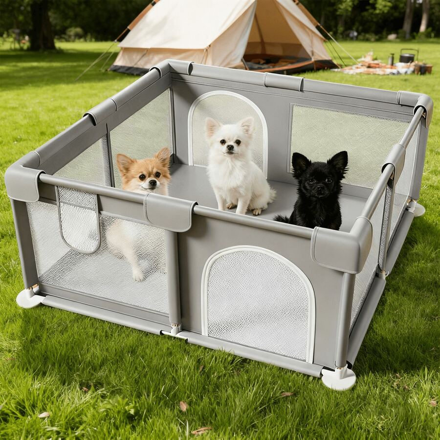 Nawahev Durable Mesh Puppy Playpen With Door, Foldable Pet Fence For Small Dogs & Puppies, Indoor Outdoor Washable Dog Play Yard - 灰色 - 查看 1