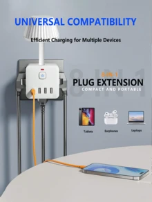 1pc 10-In-1 Smart Outlet With Digital Display, Type-C/USB Fast Charging, Dimmable LED Nightlight, 3 USB-A + 1 Type-C Multi-Device Fast Charging Station, Independent Switch, Overload Protection, Ideal For Home, Office, Travel, Gaming Desk Organization