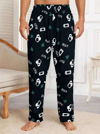 柔软轻盈的男士游戏主题舒适睡裤 - 涤纶混纺休闲裤，松紧腰带，黑色，带有彩色游戏控制器印花，休闲装或睡衣，家居裤 | 俏皮印花裤 | 光滑纹理面料