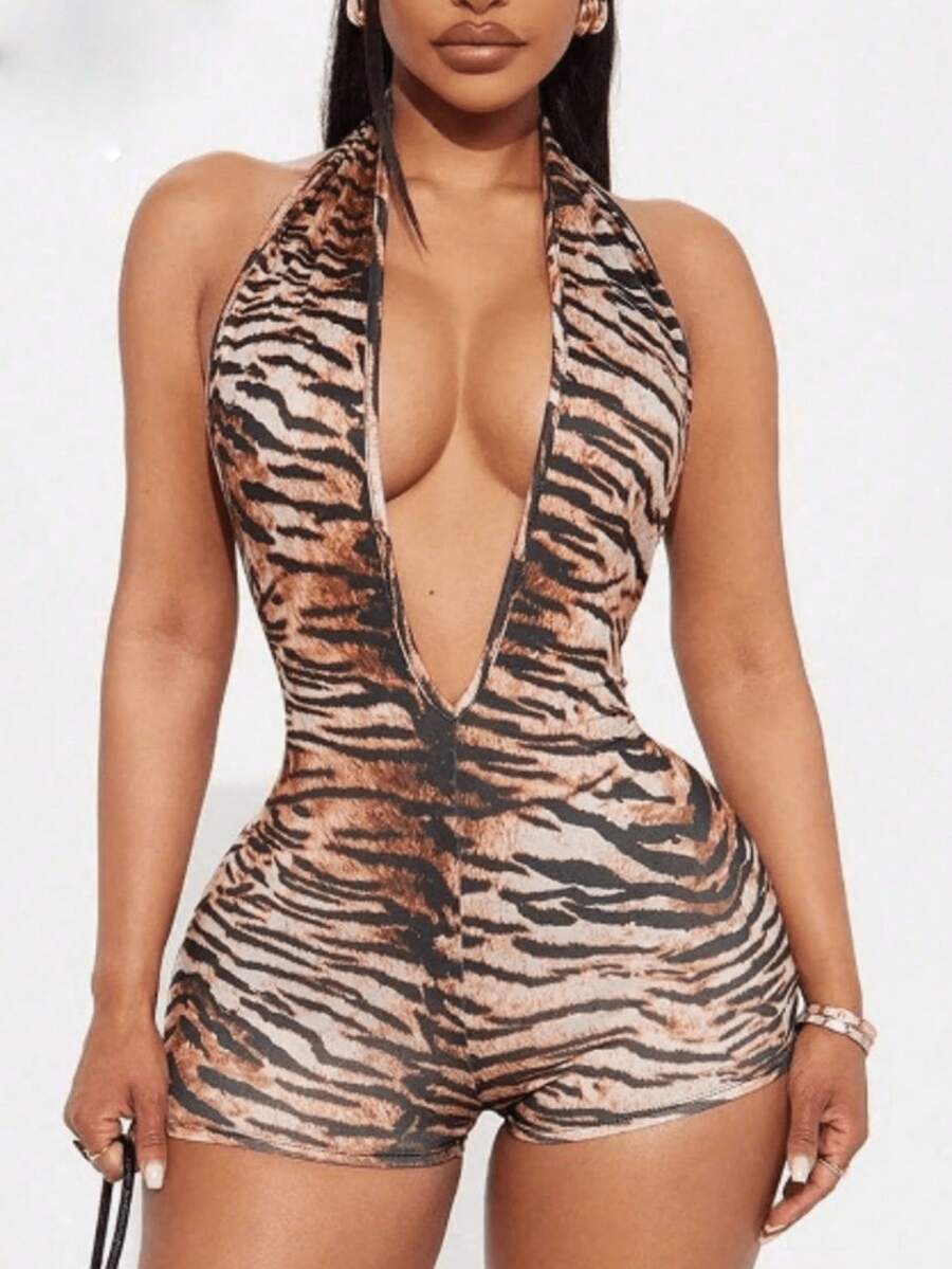 夏季街头豹纹紧身连体裤深 V 领露背连体衣俱乐部女款 - 棕色 - 查看 1