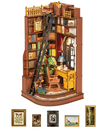 Robotime Rolife Corner Bookend Reading Corner - 3D Wooden Miniature Model, Library Scene Puzzle Model With LED Lights, Folding Bookend Design, Retro Library Desktop Decoration, Suitable For Bookshelf Display