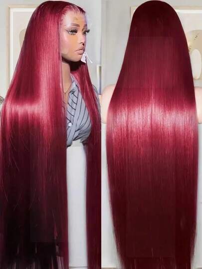 99J Red Burgundy Color Straight 200% Density 13X4 HD Lace Front Wigs Human Blended Hair Wig Preplucked Bleached Knots Natural Hairline