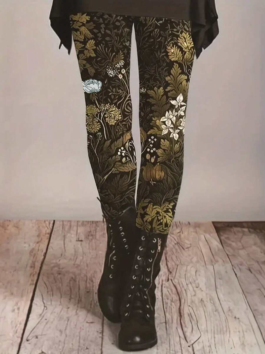 女士几何印花紧身打底裤,性感贴身针织面料,高腰全长紧身裤,适合所有季节 - 咖啡棕 - 查看 1