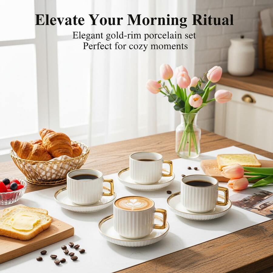 1 Set Ceramic Cup & Saucer Set, Ceramic Tea Cup And Plate, Coffee Cup And Saucer, European Style Gold Rim Drinkware For Breakfast, Tea Party, Ramadan Afternoon Tea, Home, Garden, Restaurant, Suitable For Summer And Winter - White - View 1
