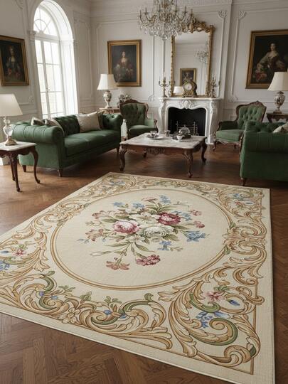 1pc French Vintage Style Carpet, Cream Base With Floral All-Over Print, Luxurious & Elegant, Multiple Sizes Available, Soft & Skin-Friendly Material, Housewarming Gift, Kitchen Carpet