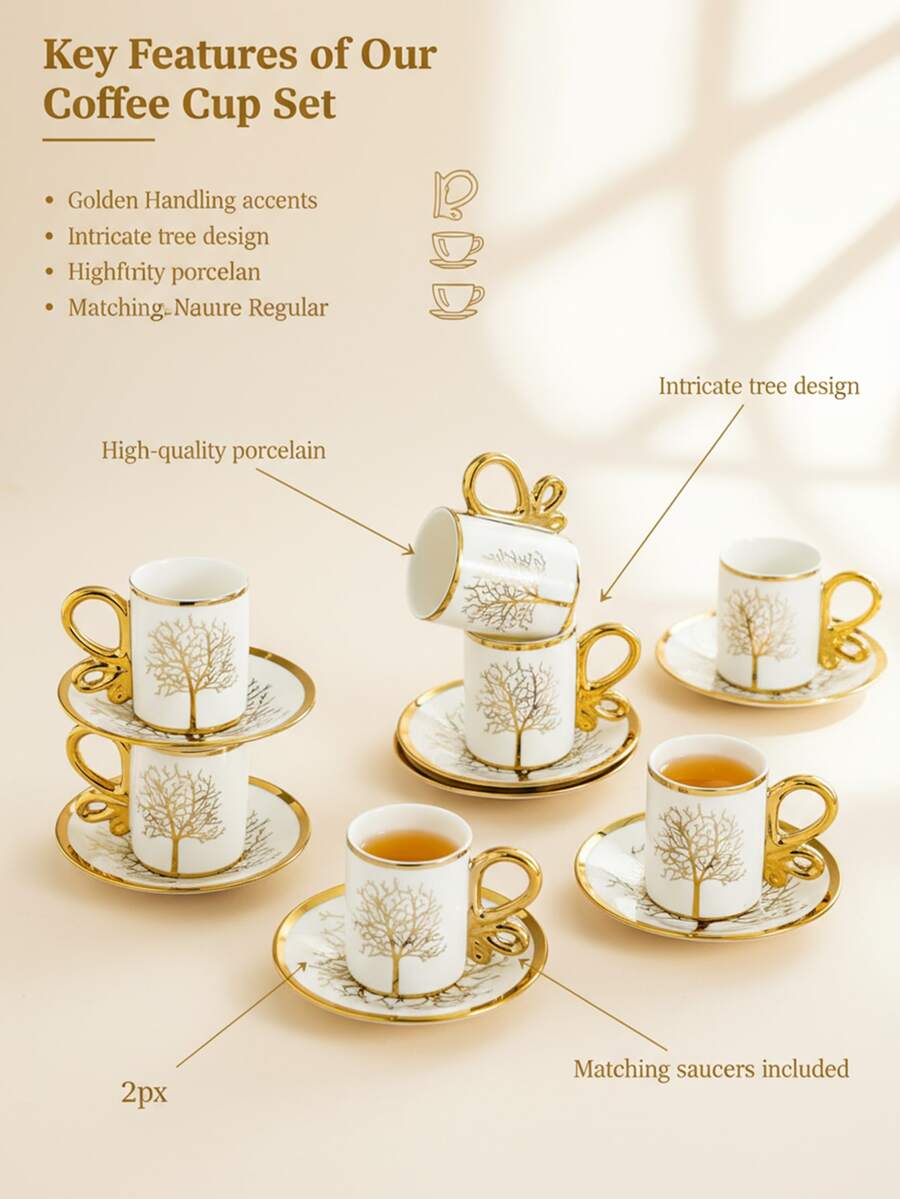 1 Set Gold Color Ceramic Cup & Saucer Set, 6pcs Cups 6pcs Saucers, Coffee Cup Set, Suitable For Cafes, Homes, Ramadan, Holidays, Birthday Gifts - Multicolor - View 1