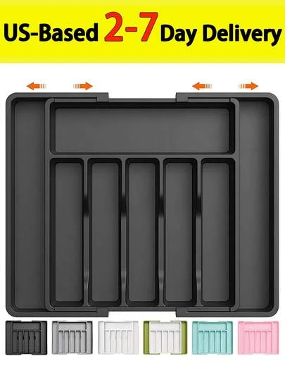 (2-7 Daysmust Arrive)1Pc Expandable Adjustable Kitchen Drawer Organizer - Space-Saving Utensil And Silverware Holder, Utensil Tray Kitchen, In-Cabinet Utensil Caddy, Cutlery Holder, Adjustable Plastic Storage Spoons Forks Knives, Flatware And Cutlery Holder For Knives, Forks, Spoons, Chopsticks, Cooking Utensils Storage, Knife & Fork Drawer Divider, Storage Container, Utensil Holder, Kitchen Utensils, Dish Drying Rack, Organziers Storage, Home Decoration, Kitchen Deccor, Home Gifts, Room Decoration 13" - 22"W, 14.8"L, Black Christmas Gifts Valentine's Day Halloween/Christmas Gifts, Back-To-School Season, Kitchen Items, Kitchen Gadgets, Kitchen Storage, House Essentials, Cocina Accesorios