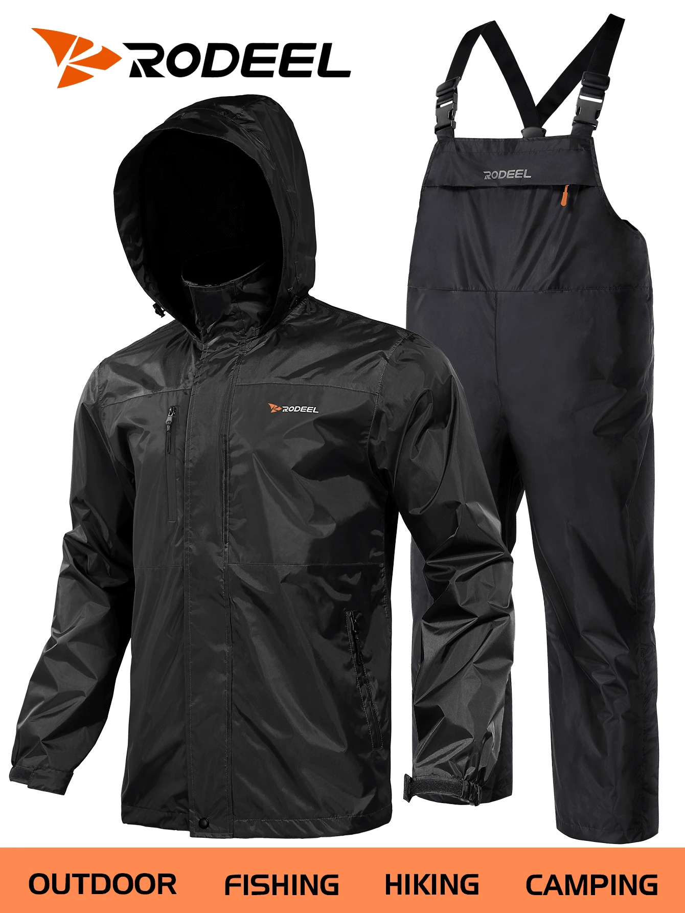 RODEEL Chaqueta de lluvia para pesca de hombres, a prueba de viento y transpirable de secado rápido, diseño de múltiples bolsillos, puños con , pantalones con peto ajustables, opción ideal para entusiastas del aire libre en color negro