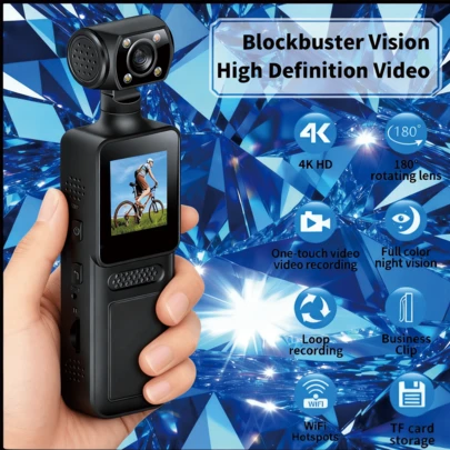 1个全新4K超高清迷你运动相机，180°旋转，支持Vlog、WiFi，防水外壳，适用于头盔、旅行、自行车、行车记录仪等。